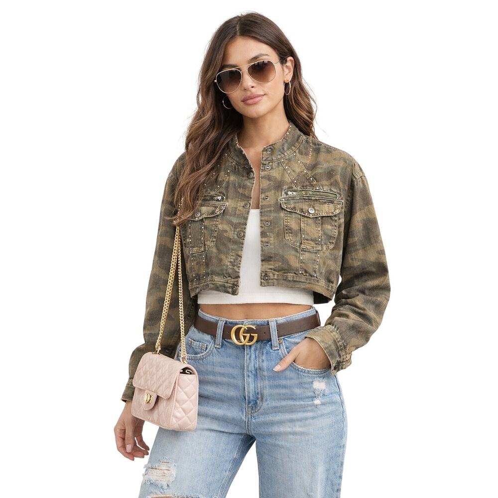 Vega Jeans Cropped Camouflage Jacket Studded Utility Style